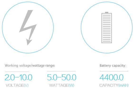 Eleaf iStick 50W Full Kit 4400mAh Working voltage wattage range Battery capacity 20 10050 50 0 44000 VOLTAGEOVI WATTAGEO CAPACITY mAh