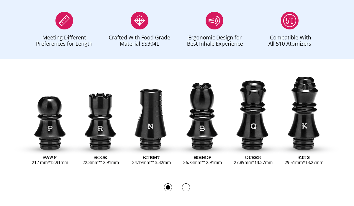 KIZOKU Chess Series 510 Drip Tip 6pcs Meeting Different Crafted with food grade Ergonomic Design for Compatible with Preferences for Length Material ss304L Best Inhale Experience Al 510 Atomizers R AWN ROOK KNIGHT BISHOP QUEEN KING 12 91mm 223mm 1291mm 24 19mm 13 32mm 6 73mm 1291mm27 89mm 13 27mm2951mm 13 27mm