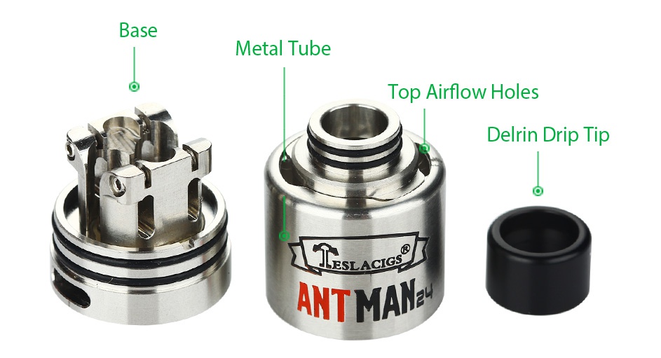 Tesla Antman 24 RDA Atomizer Base Metal tube Top Airflow Holes Delrin Drip Tip RESLACIGS ANT MANE