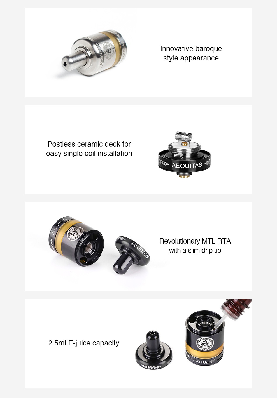 Asvape Zeta MTL RTA 2.5ml Innovative baroque style appearance Postless ceramic deck for easy single coil installation KR  AEQUITAS Revolutionary MTL RTA with a slim drip tip 2 5ml E juice capacity TIUO3