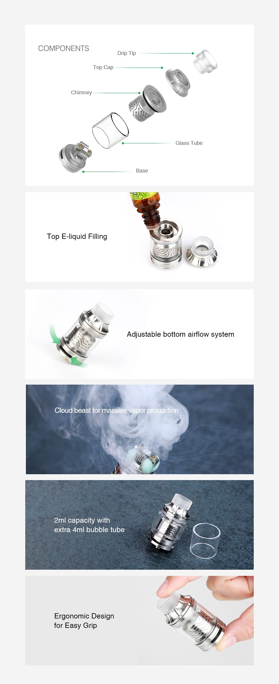 Vapefly Core RTA 2ml COMPONENTS Drip I ip Top Ci Chimney ass Tube Basc Top E liquid Filling Adjustable bottom airflow system Cloud beast for massive vapor production 2ml capacity with extra 4ml bubble tube Ergonomic Design for easy g
