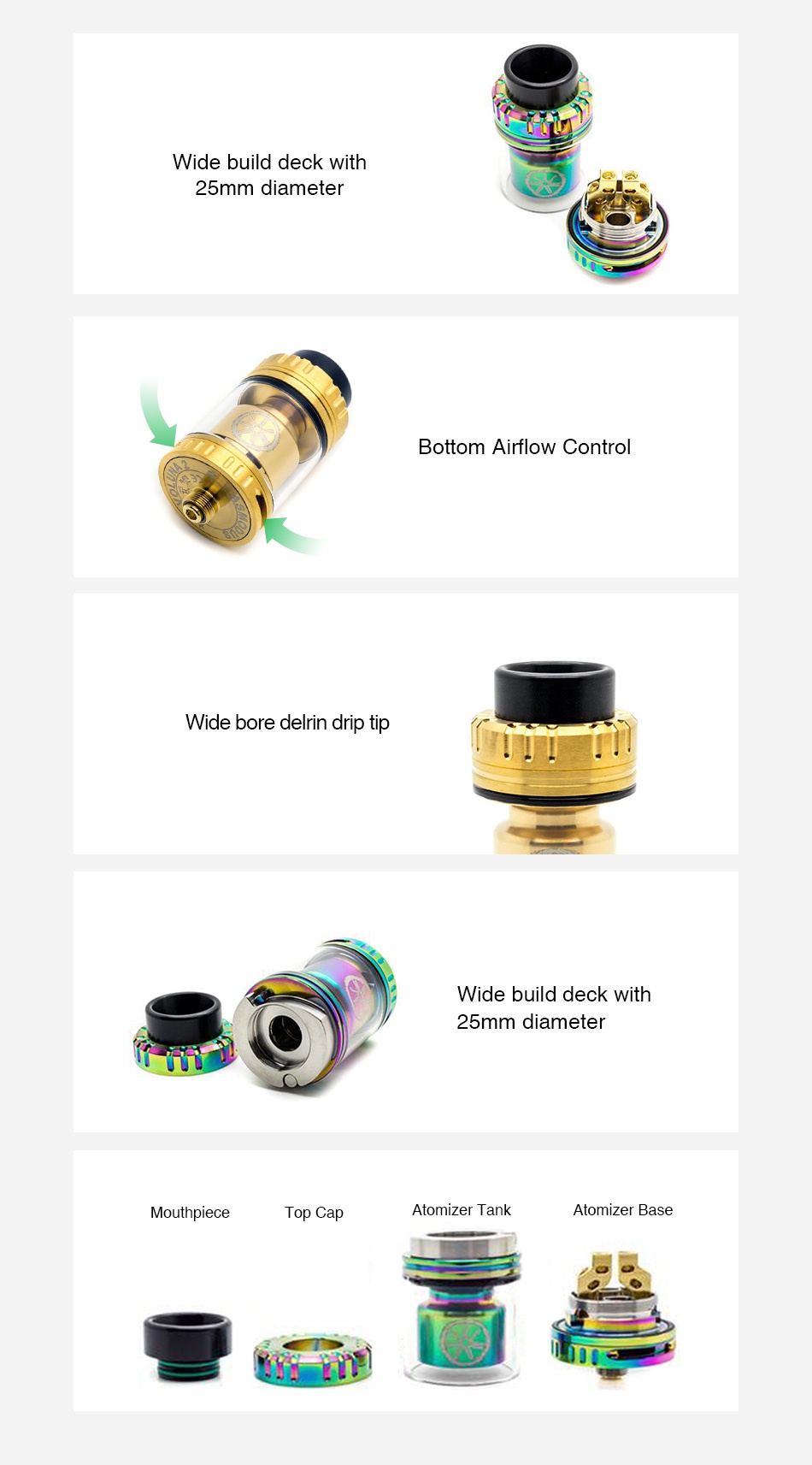 Asmodus Voluna V2 RTA 3.2ml Wide build deck with 25mm diameter Bottom airflow control Wide bore delrin drip tip Wide build deck with 25mmd  ameter Mouthpiece Top Cap Atomizer tank Atomizer base