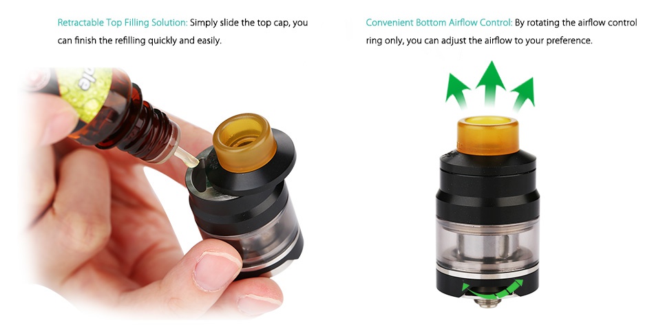 WISMEC Gnome Subohm Tank 2ml/4ml Retractable Top Filling Solution  Simply slide the top cap  you Convenient Bottom Airflow Control  By rotating the airflow control can finish the refilling quickly and easily ring only  you can adjust the airflow to your preference