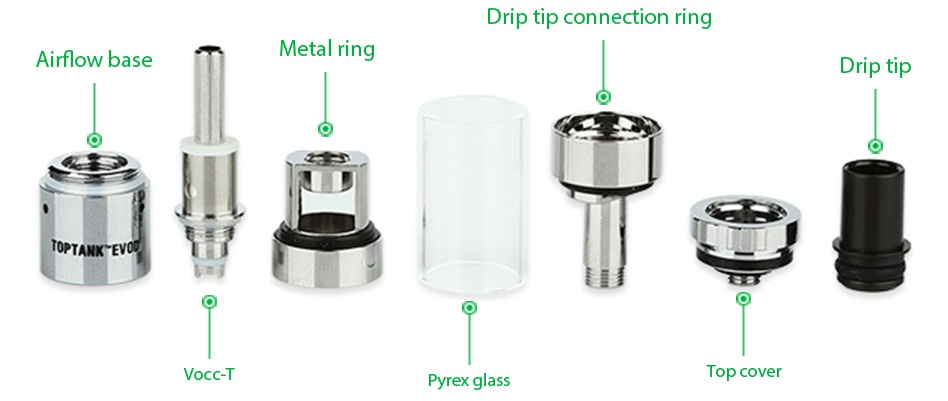 Kangertech TOPTANK EVOD Clearomizer 1.7ml Drip tip connection ring Airflow base Metal ring Drip tip TOPTANKEVI Vocc T Pyrex glass Top cover