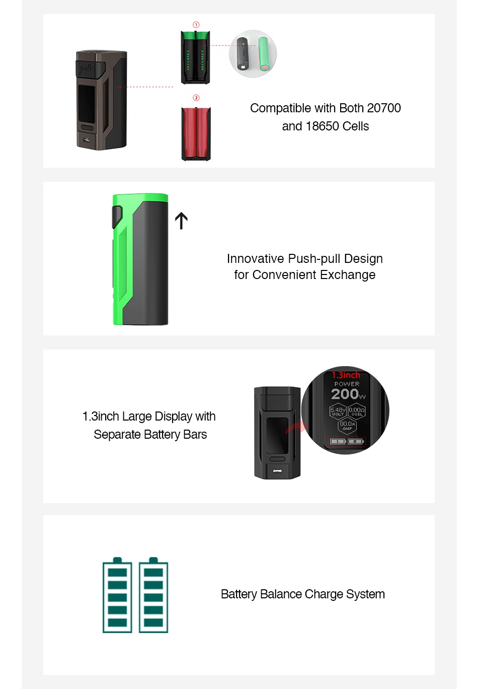 WISMEC Reuleaux RX2 20700 200W TC MOD with Dual Ampking 20700 Batteries 6000mAh Compatible with Both 20700 and 1 8650 Ce novative Push pull Design for Convenient exchange 200 1 3inch Large Display with Separate Battery Bars Battery Balance Charge System