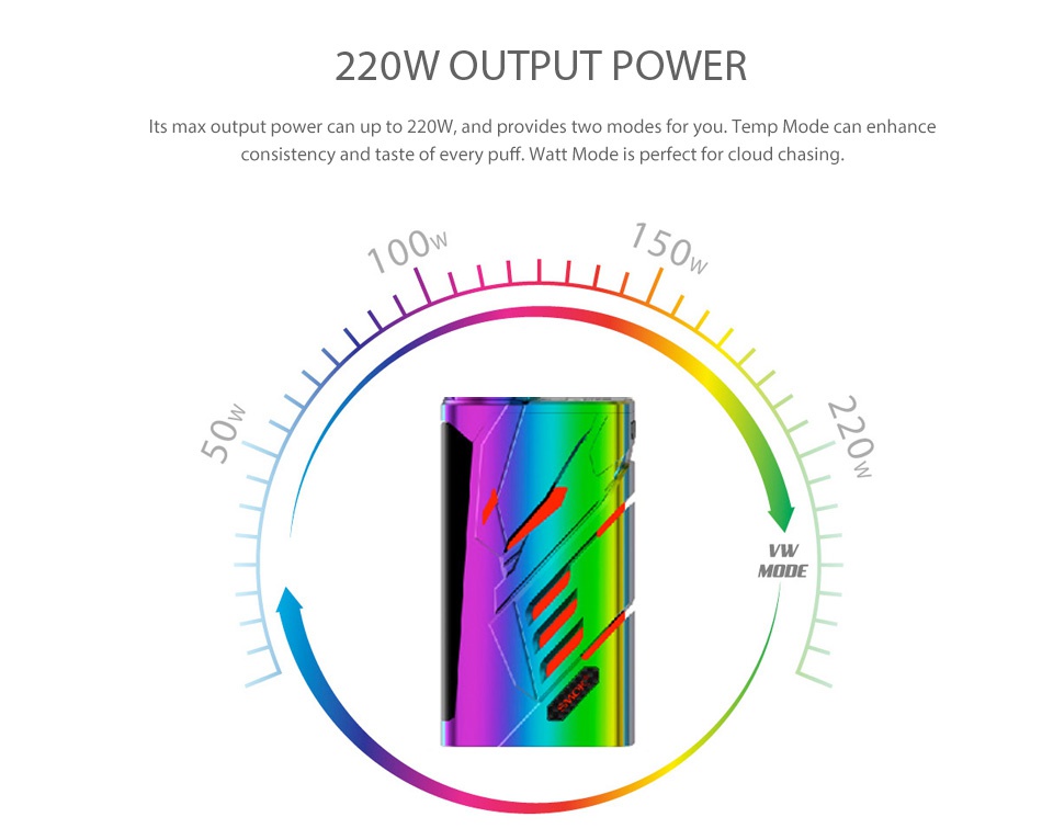 SMOK T-Priv 220W TC MOD 220W OUTPUT POWER Its max output power can up to 220W  and provides two modes for you  Temp Mode can enhance consistency and taste of every puff  Watt Mode is perfect for cloud chasing JOw O MODE