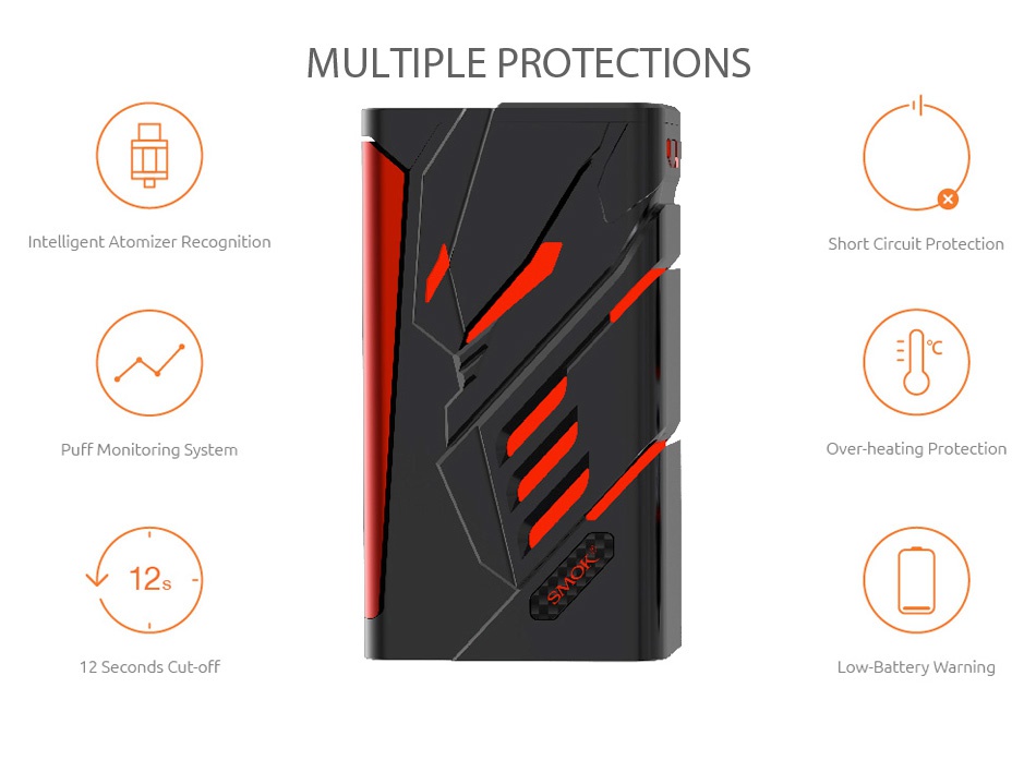 SMOK T-Priv 220W TC MOD MULTIPLE PROTECTIONS Intelligent Atomizer Recognition Short circuit protection Puff Monitoring System Over heating Protection 12 Seconds Cut oFF Low Battery Warning