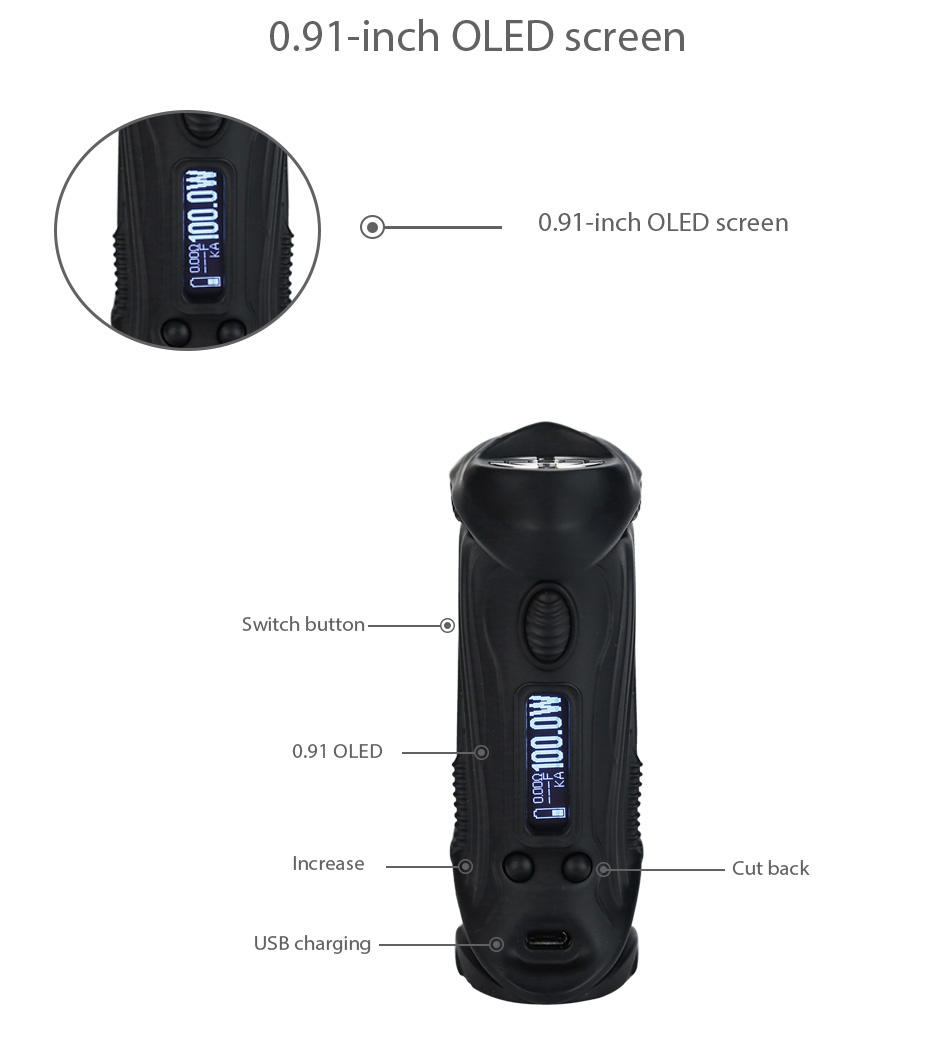 ETALIENS E.T-X3 100W TC Box MOD 0 91 inch Oled screen 0 91 inch oled screen Switch button Increase Cut back USB charging