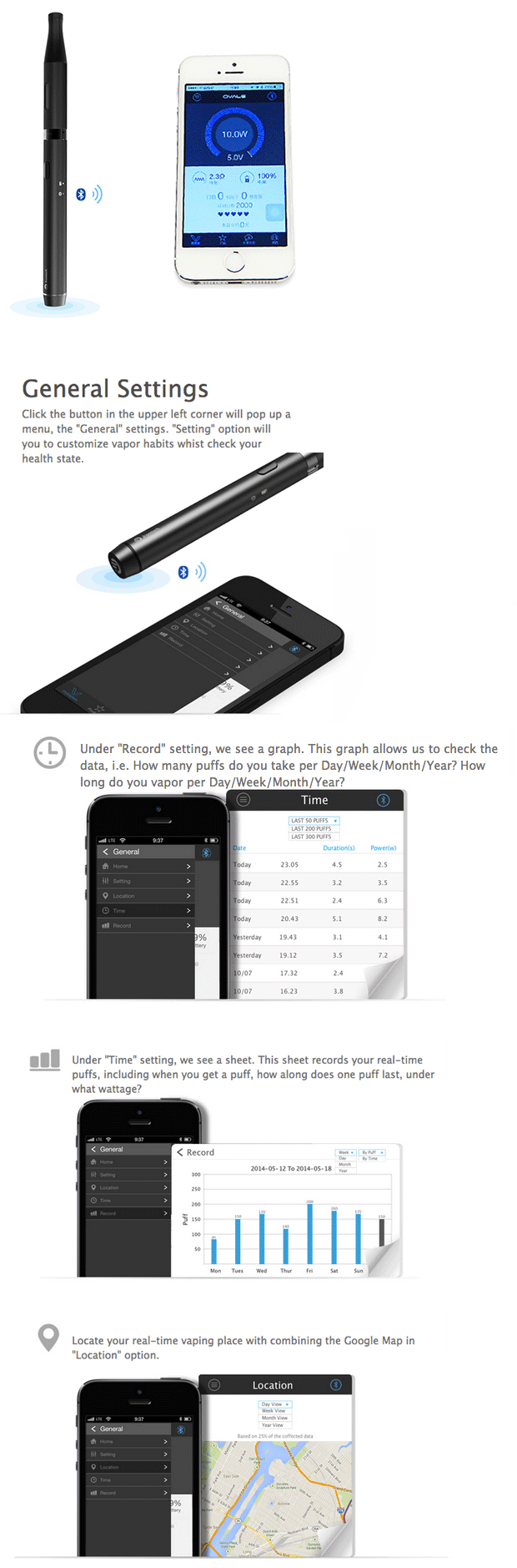 Joyetech eCom-BT eGo Battery 900mAh 8 General Settings Click the button in the upper left corner will pop up a menu  the General settings  Setting option will you to customize vapor habits whist check your health state 8 Under  Record setting  we see a graph  This graph allows us to check the data  i e  How many puffs do you take per Day Week Month Year  How ng do you vapor per Day Week Month Year  LAST SO PFFS n Under Time setting  we see a sheet  This sheet records your real time puffs  including when you get a puff  how along does one puff last  under what wattage   L Locate your real time vaping place with combining the Google map it   Location  option Location