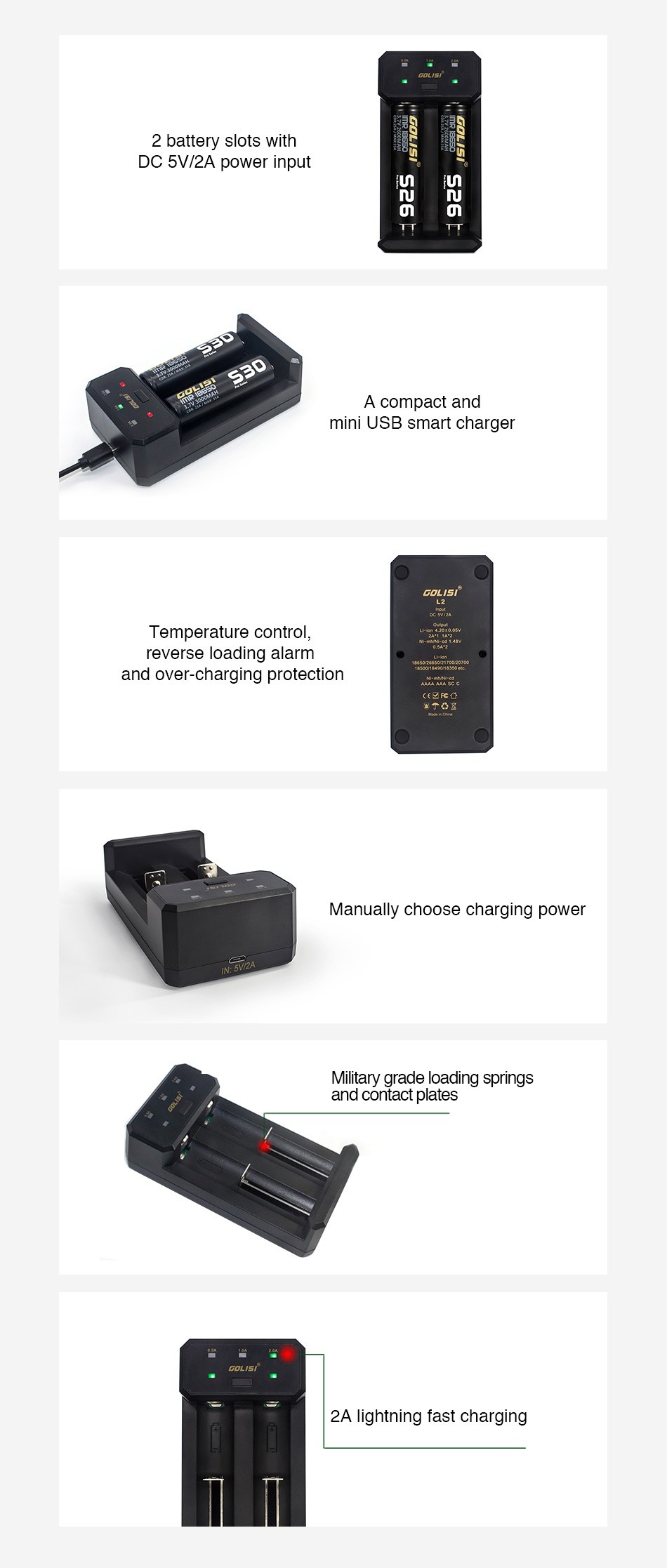 Golisi L2 2A Smart USB Charger with LCD Screen 2 battery slots with DC 5V 2A power input n h compact and mini USB smart charger BISI Temperature control reverse loading alarm and over charging protection Manually choose charging power Military grade loading springs and contact plates GOL S 2A lightning fast charging