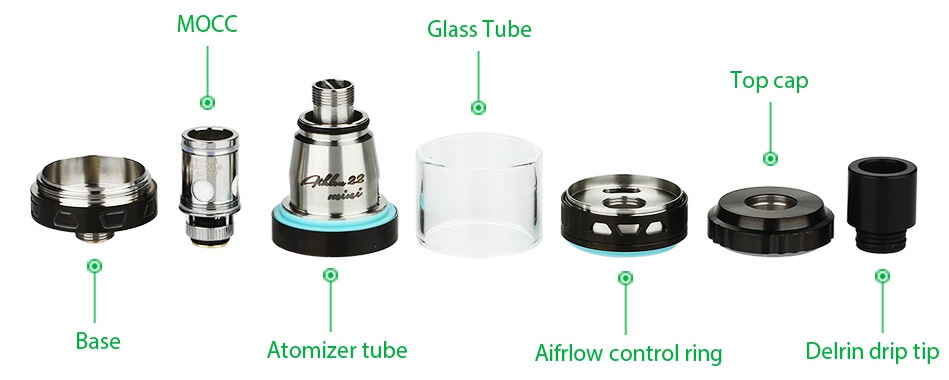 UD Athlon 22 Mini Subohm Tank 2ml MOCO Glass Tube Top cap Base Atomizer tube Aifrlow control ring Delrin drip tip