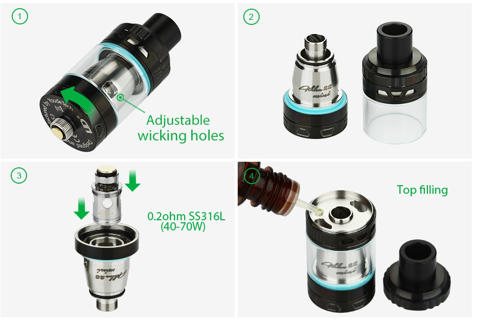 UD Athlon 22 Mini Subohm Tank 2ml Adjustable wicking holes Top filling 0 ohm ss316L  40 70