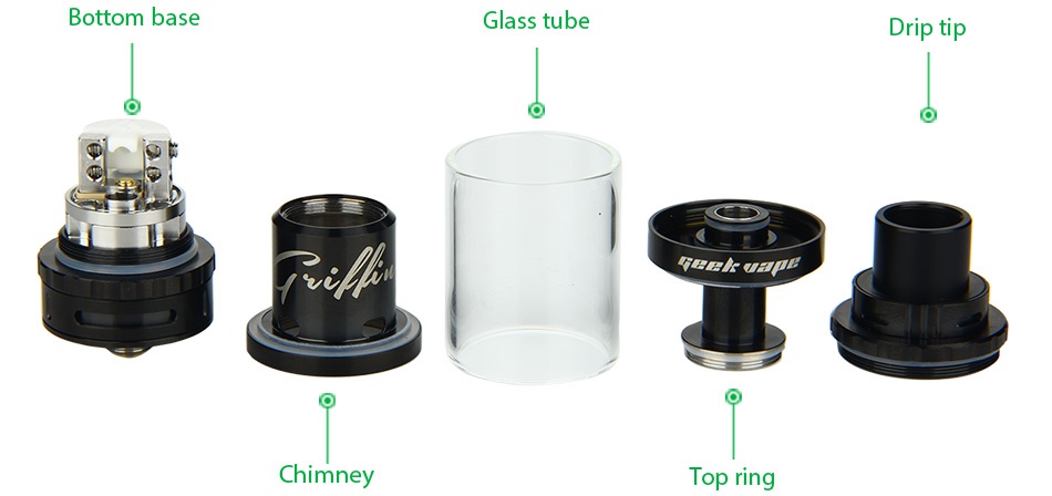 GeekVape Griffin 25 RTA Top Airflow Tank 6ml Bottom base Glass tube Drip tip Chimney op ring