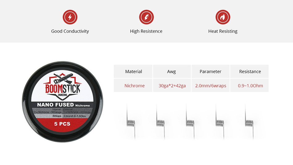 BoomStick Engineering Ni80 1.0ohm Nano Fused Coil 5pcs   Good Conductivit High Resistence Heat Resisting Material Resistance BOOMSTICK Nichrome 30ga 2 42ga 20mm wraps 0 9 1 0ohm NANO FUSED Nichi 5 PCS