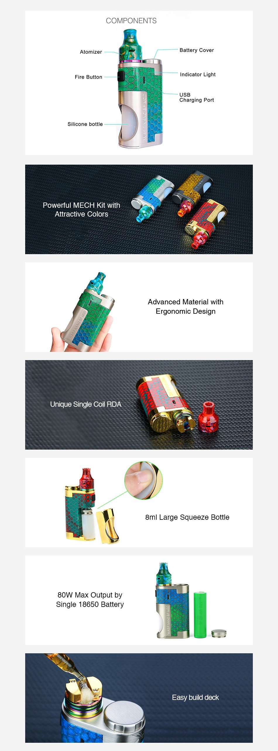 OUMIER WASP NANO MECH Squonk Kit COMPONENTS Silicone bottle Powerful MeCh Kit with Attractive cold Advanced material with Ergon Unique Single Coil RDA 8ml Large squeeze bottle 80W Max output by Single 18650 Battery asy buld deck