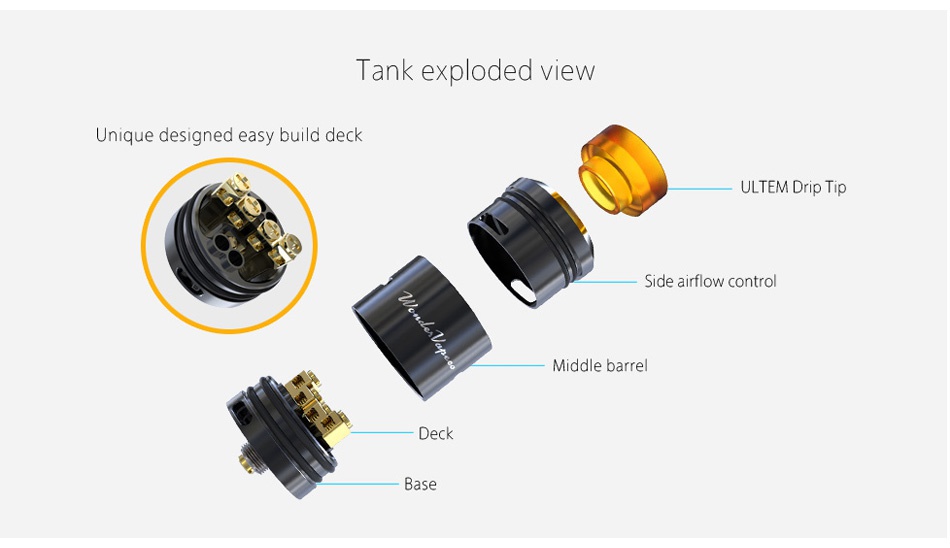 Wondervape RDA Tank exploded view Unique designed easy build deck ULTEM Drip Tip Side airflow control Middle barrel