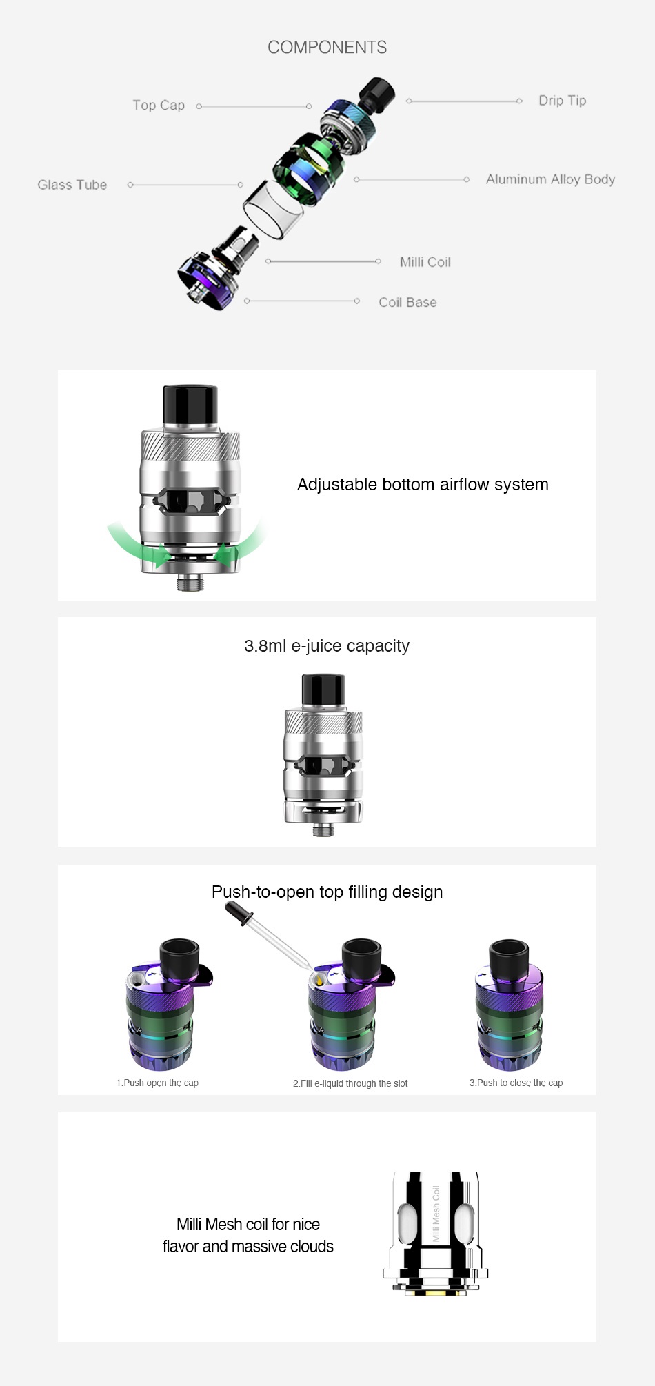 Kangertech Ranger Subohm Tank 3.8ml COMPONENTS Top Cal Drip Ti Glass Tube o o Aluminum Alloy Body Coil Bas Adiustable bottom airflow system 3 8ml e juice capacity Push to open top filling design 1 Push open the cap 2  Fill e liquid through the slot 3  Push to close the cap Milli Mes for nice flavor and massive clouds