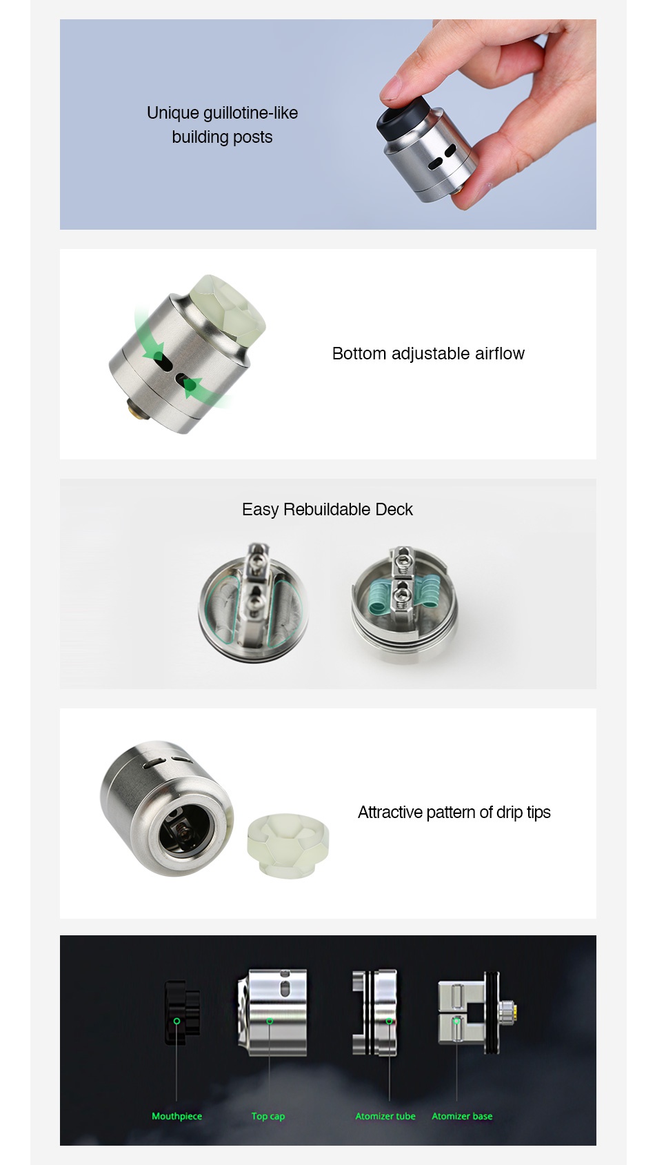 WISMEC Guillotine RDA Unique guillotine like building posts Bottom adiustable airflow Easy rebuildable Deck Attractive pattern of drip tips Mouthpiece Top cap Atomizer tub Atomizer base