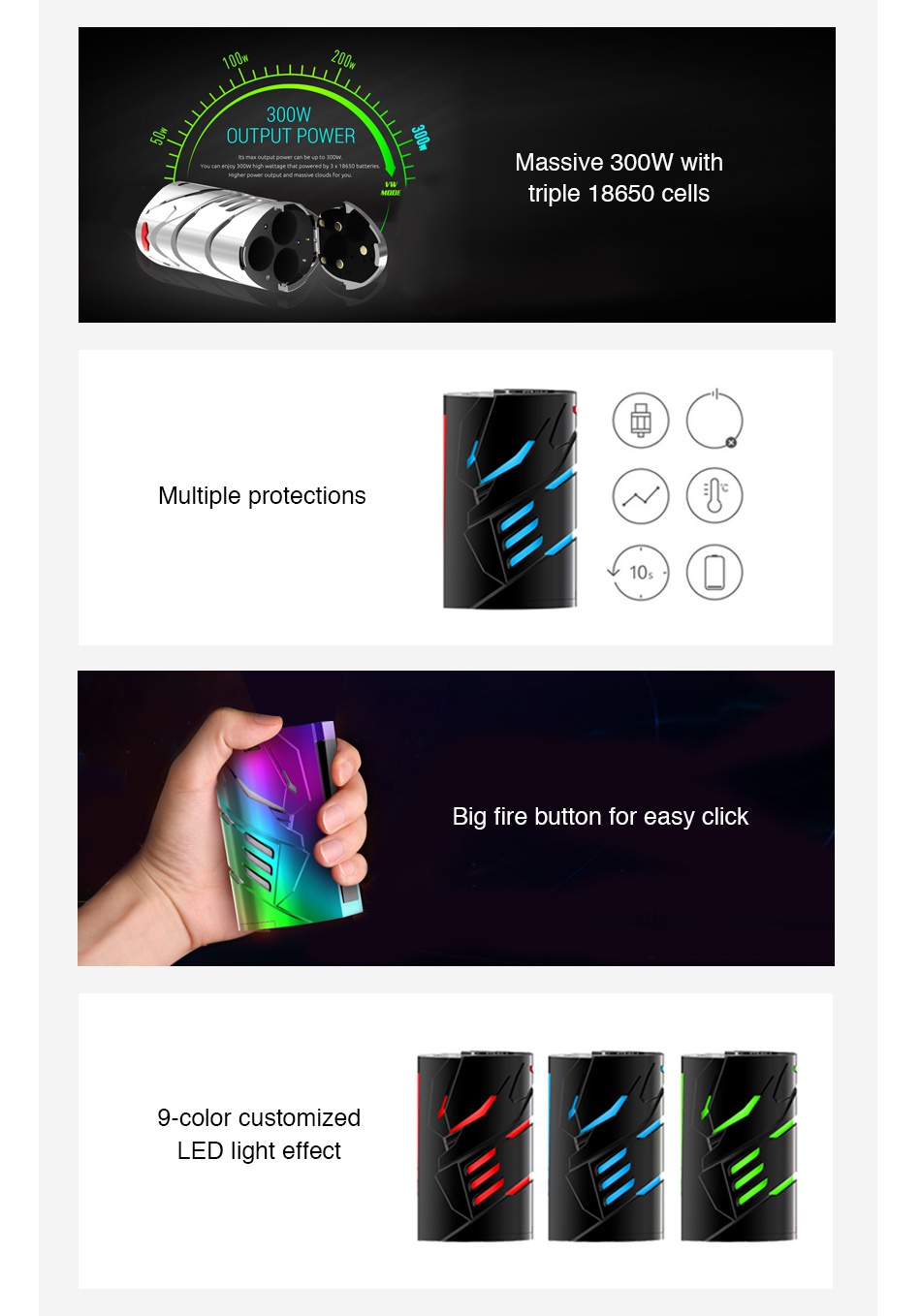 SMOK T-Priv 3 300W TC Box MOD 300W OUTPUT POWER Massive 300W with triple 18650 cells Multiple protections Big fire button for easy click 9 color customized ED light effect