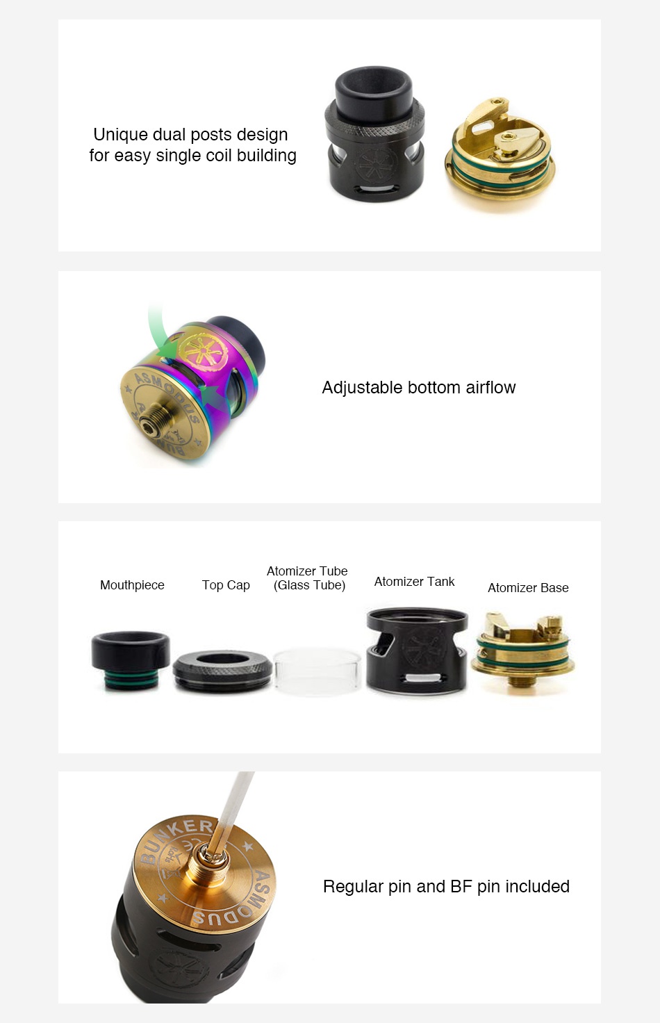 Asmodus Bunker BF RDA Unique dual posts design for easy single coil building Adjustable bottom airflow Atomizer tube plece Top Cap  Glass Tube  Atomizer I ank Atomizer base ER Reqular pin and bf pin included