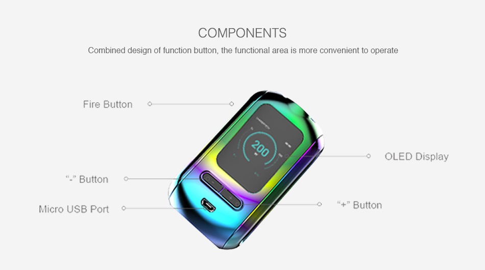 Kangertech Ranger 200W TC Box MOD COMPONENTS Combined design of function button  the functional area is more convenient to operate Fire Button OLED Display   Button Micro USB Port o Button