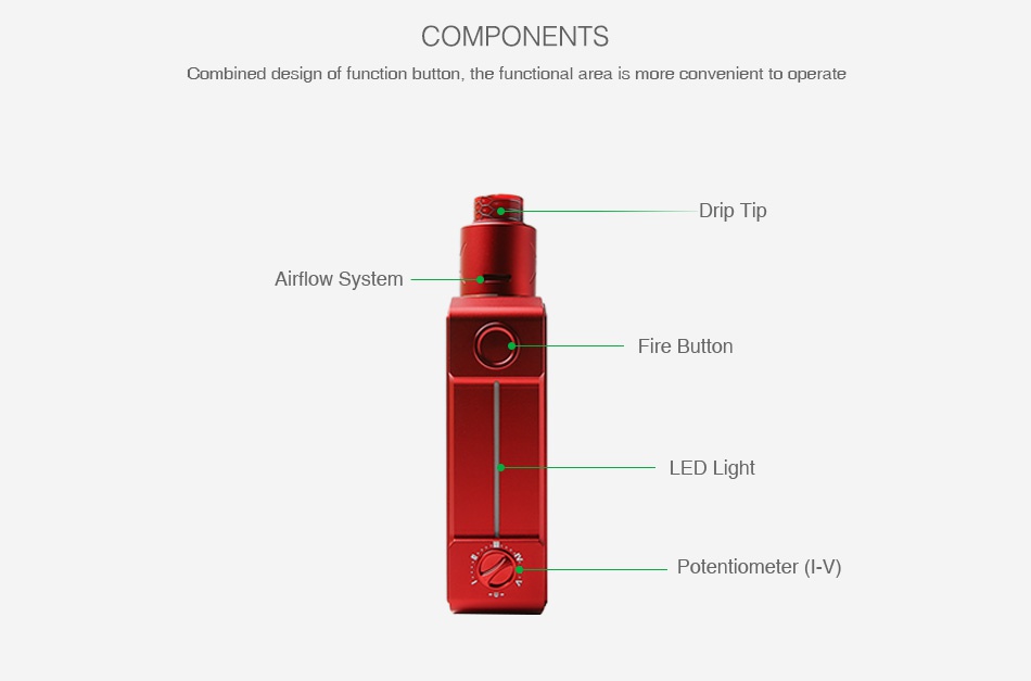 Tesla Invader 4 VV Kit 6000mAh COMPONENTS Combined design of function button  the functional area is more convenient to operate Drip Ti Airflow System Fire button LED Light Potentiometer I v