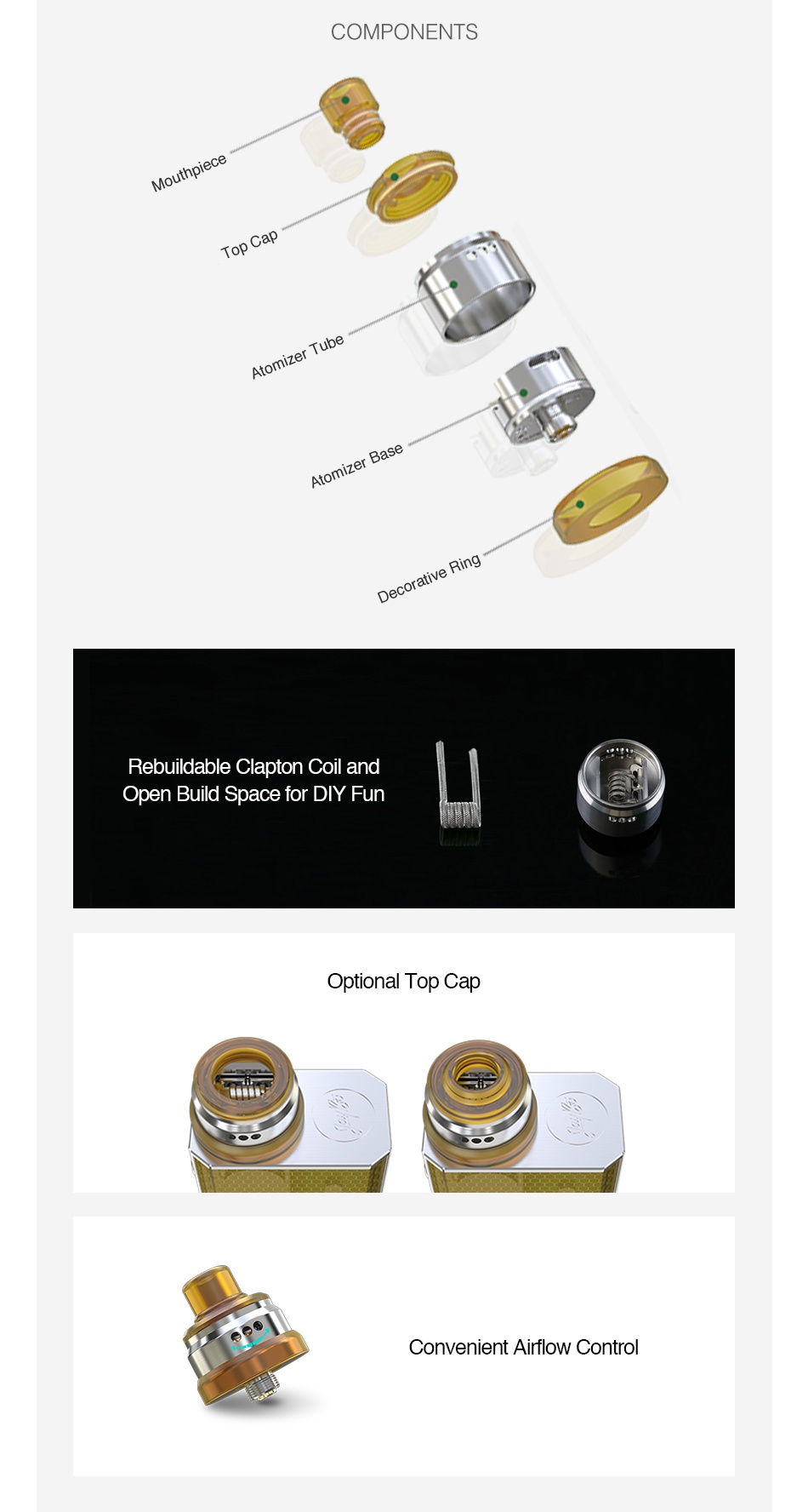 WISMEC Tobhino BF RDA COMPONENTS Atomizer Base Rebuildable Clapton Coil and Open Build space for DIY Ful Optional Top cap Convenient airflow contro