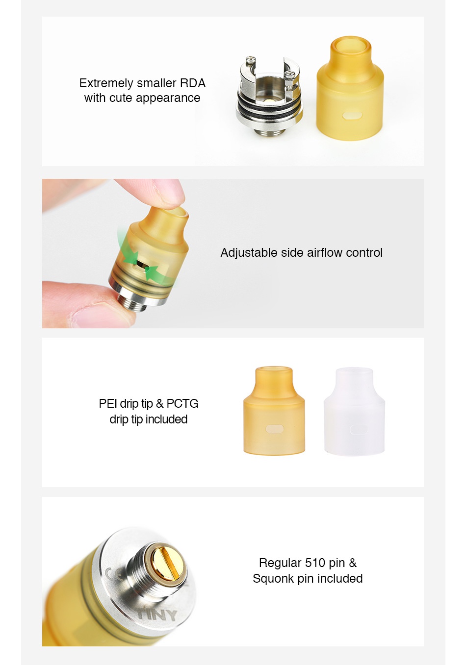 Demon Killer Tiny RDA Extremely smaller RDA with cute appearance Adjustable side airflow control PEl drip tip pctg drip tip included Regular 510 pin Squonk pin included