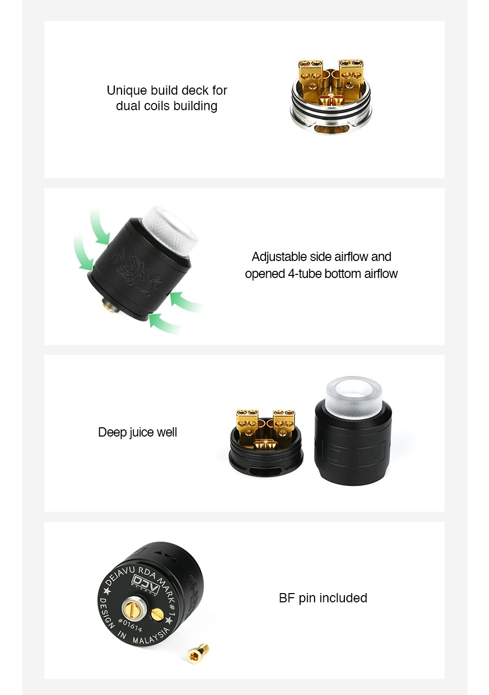 DEJAVU RDA Unique build deck for dual coils building Adjustable side airflow and opened 4 tube bottom airflow Deep juice well NUR BF pin included