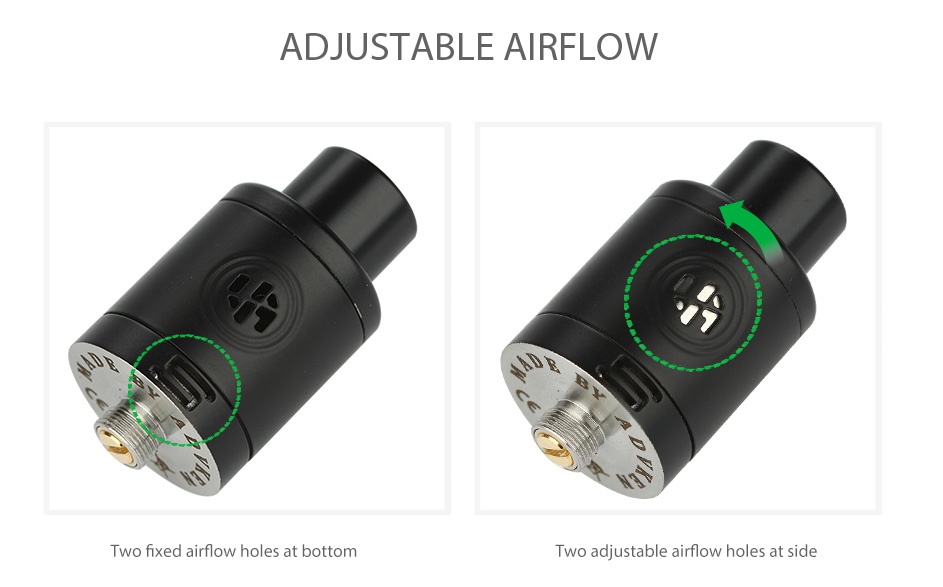Advken Supra RDA Atomizer ADJUSTABLE AIRFLOW Two fixed airflow holes at bottom Two adjustable airflow holes at side