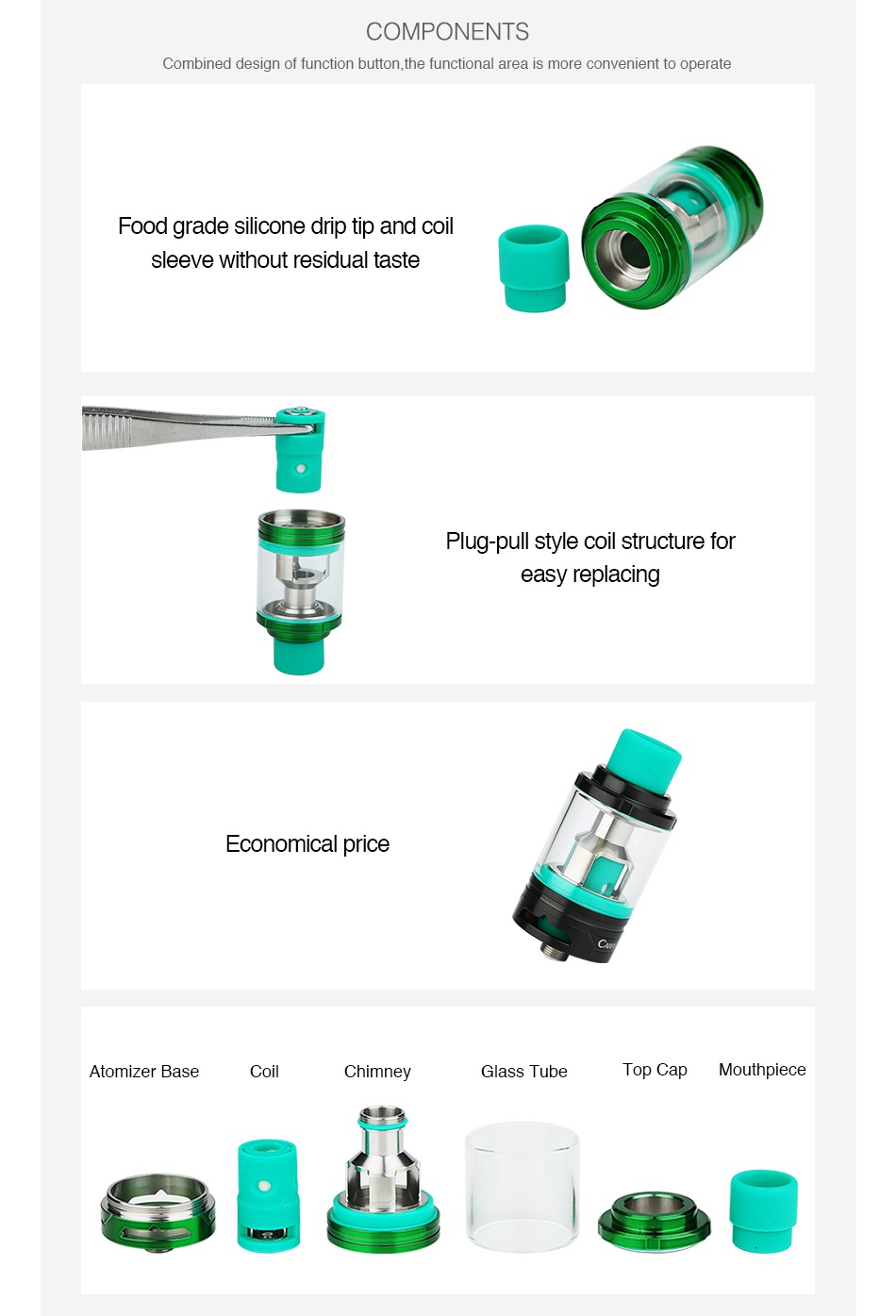 CARRYS Green Subohm Tank 4ml COMPONENTS Combined design of function button  the functional area is more convenient to operate ood grade silicone drip tip and coil sleeve without residual taste Plug pull style coil structure for easy replacing Economical price Atomizer base Chimney Glass Tube op Cap Mouthpiece