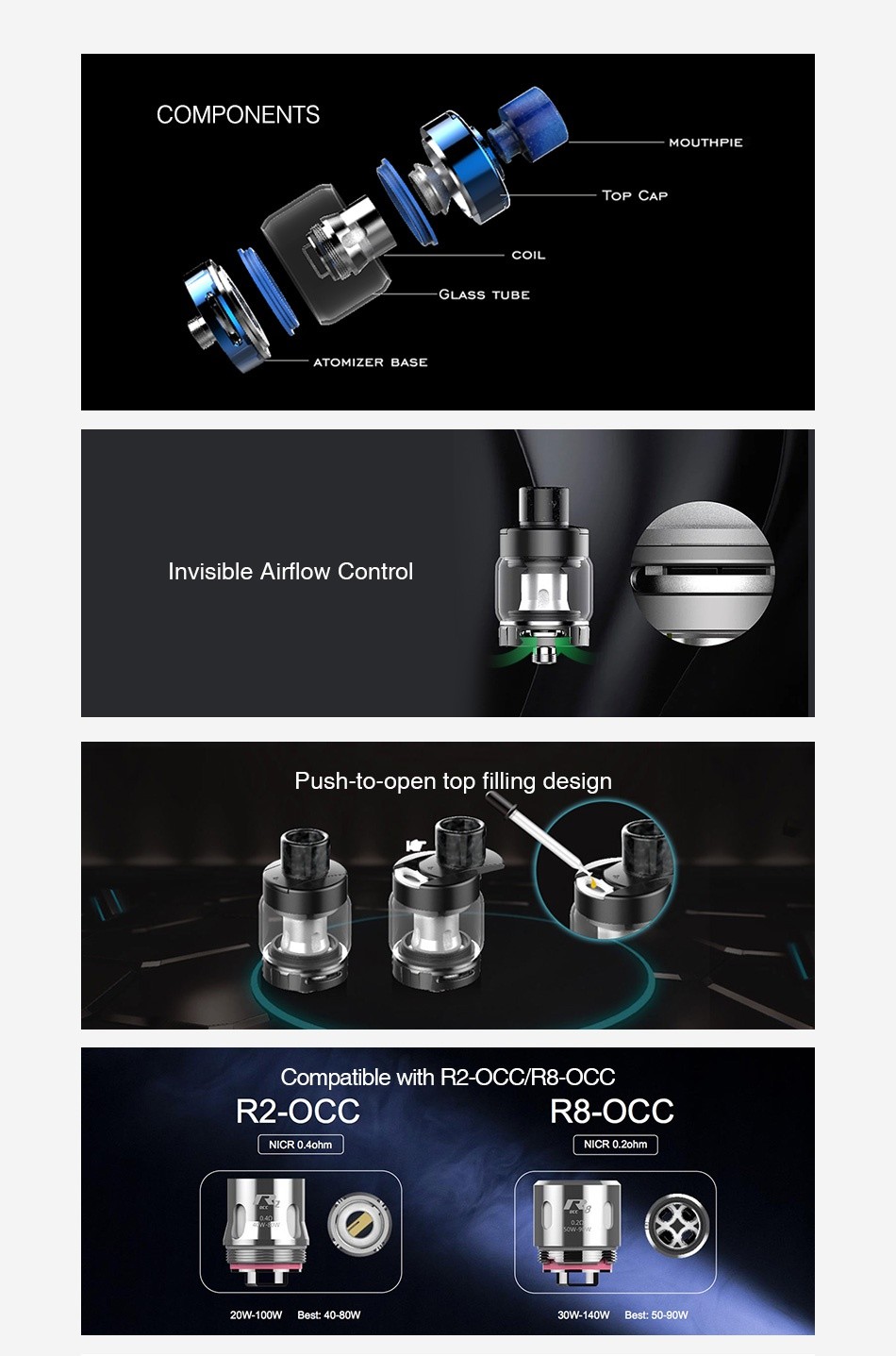 Kangertech XLUM Tank 4.5ml COMPONENTS MOUTHPIE TOP CAP ATOMIZER BASE Invisible airflow Control Push to open top filling design Compatible with R2 OCC R8 OCC R2 OCC R8 OCC NICR 0 ohm NICR0 ohm   20W 100w Best  40 80W 30W140 W Best 50 90W