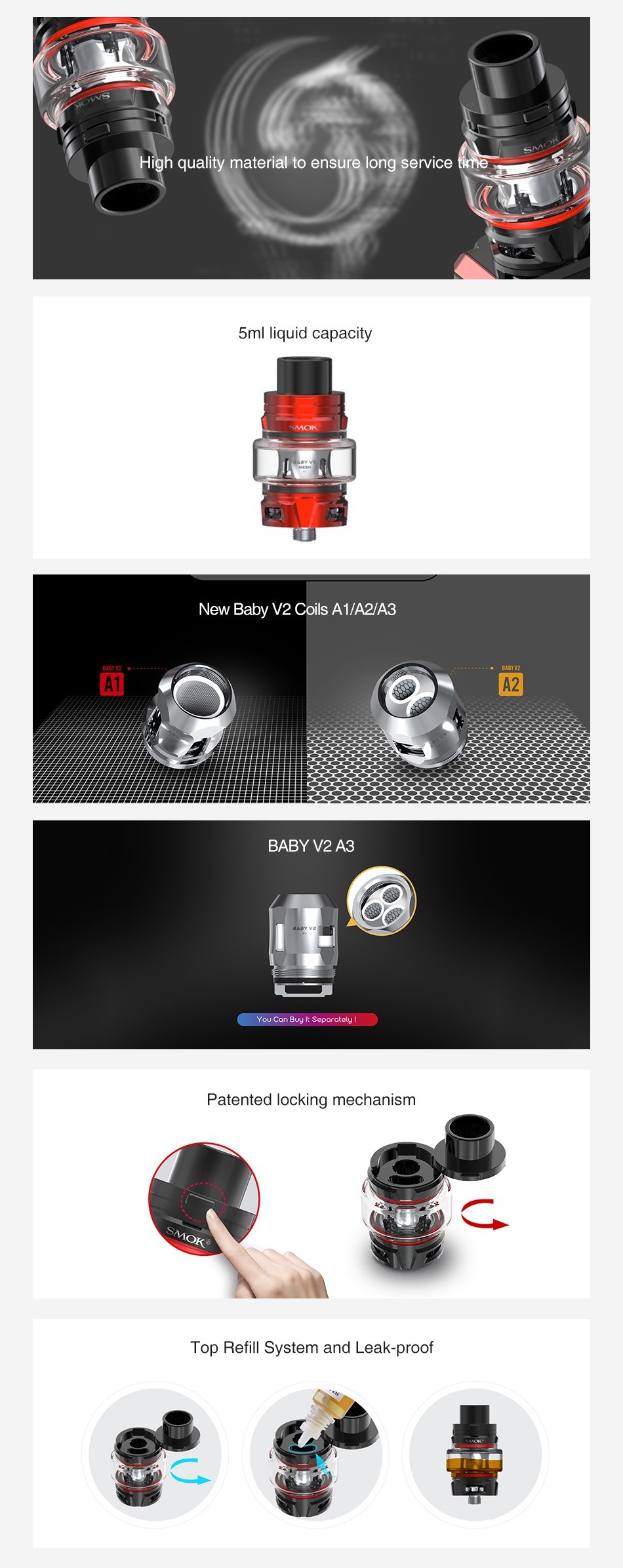 SMOK TFV8 Baby V2 Tank 5ml High quality material to ensure long service te 5ml liquid capacity New Baby v2 Coils A1 A2 A3 AT A2 BABY V2 A3 Can Bu Patented locking mechanism Top Refill System and Leak proof