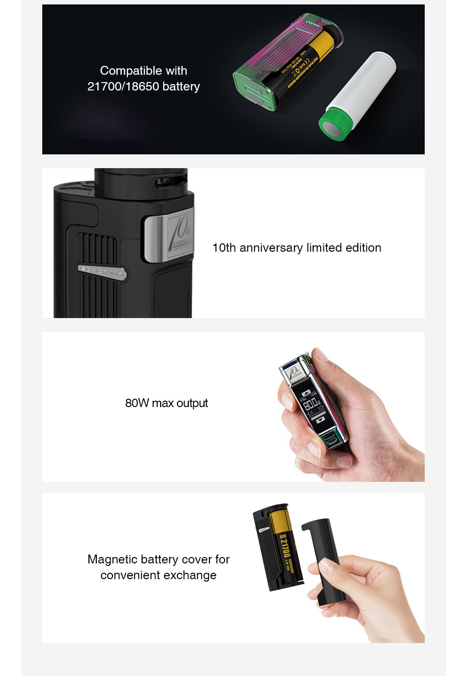 Joyetech ESPION Solo 21700 80W TC Box MOD 4000mAh Compatible with 21700 18650 battery 1oth anniversary limited edition 80W max output Magnetic battery cover for convenient exchange