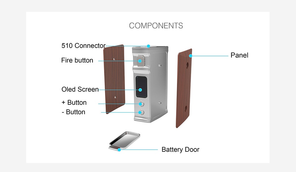 Blitz M1911 200W TC MOD COMPONENTS 510 Connector Panel Fire button Oled Screen Button Battery door