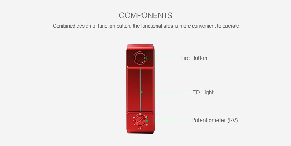 Tesla Invader 4 VV Box MOD COMPONENTS Combined design of function button the functional area is more convenient to operate Fire Button ED Light Potentiometer I V