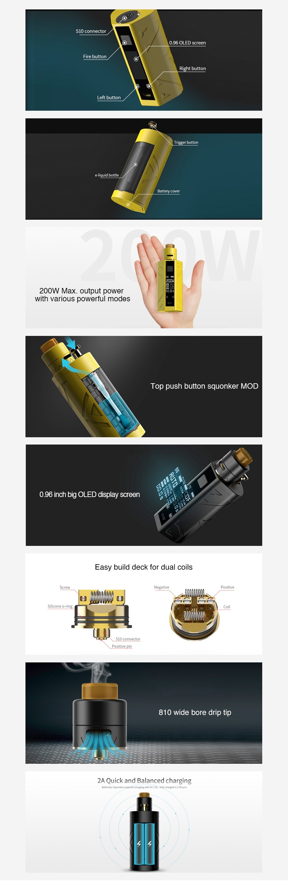 Smoant Battlestar 200W TC Squonker Kit D96 OLED screen Left button  ooW Max output power with various powerful modes Top push button squonker MOD 0 96 inch big OLED display screen Easy build deck for dual coils Positi d34S48A 510cornpctnr 810 wide bore drip tip 2A Quick and Balanced charging