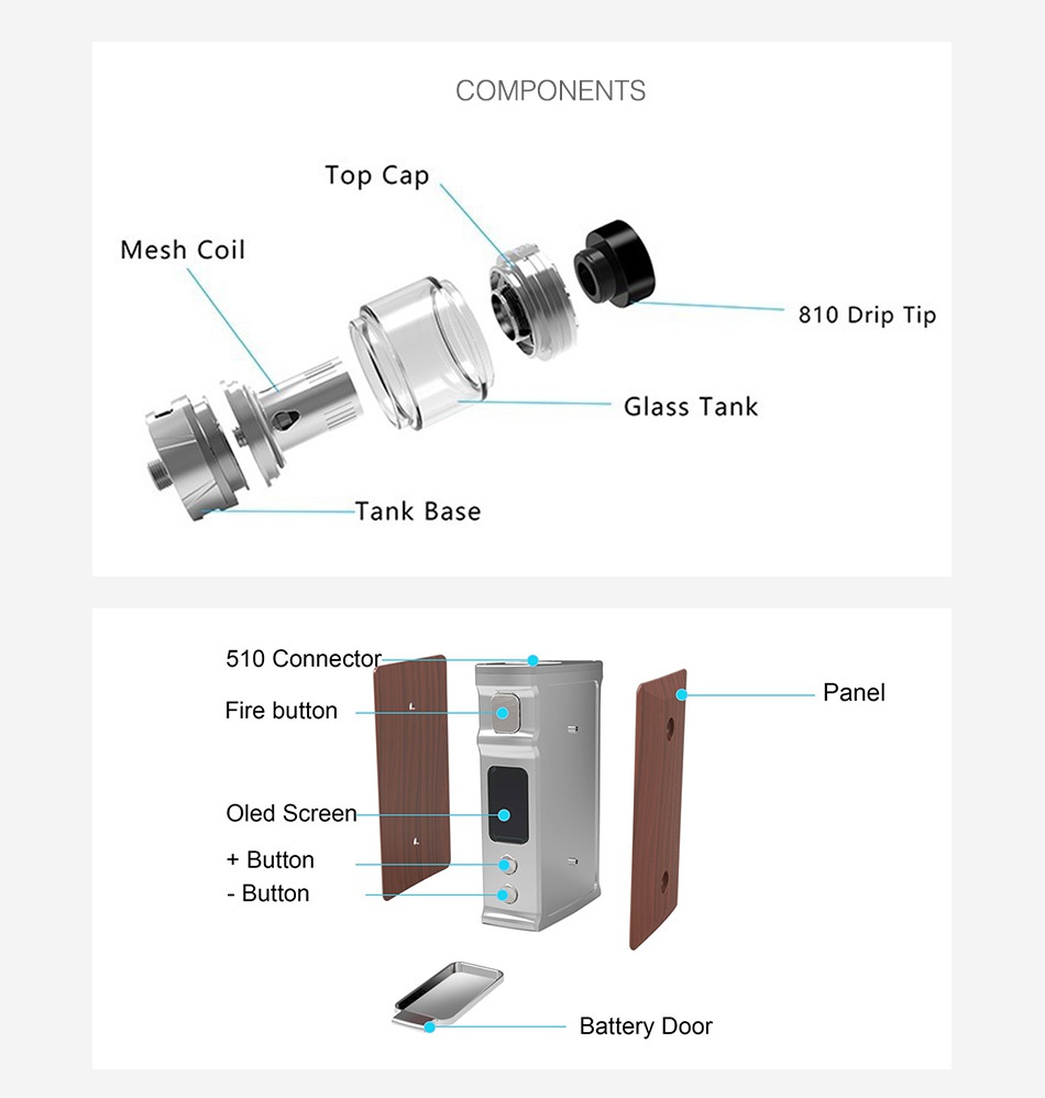 Blitz M1911 200W TC Kit with Versus Tank COMPONENTS Top cap Mesh coil 810 Drip Tip Glass Tank Tank Base 510 Connector Panel Fire button Oled Screen Button Button Battery do