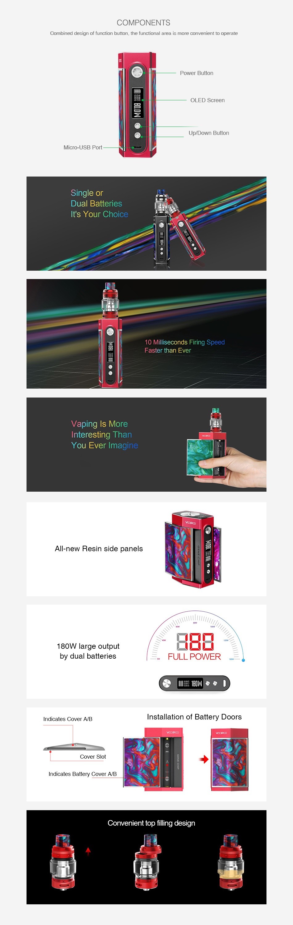 VOOPOO TOO Resin 180W TC Kit with UFORCE T1 COMPONENTS Combined design of tunction button  the functional area is more convenient to operate    OLED Scrccn Up Down Butto Micro LISR Port Single or Dual batteries It s Your Choice 10 Milliseconds Firing Speed Faster than Ever Vaping Is More Interesting Than You ever imagine All new Resin side panels 180W large output by dual batteries FULL POWER nd catcs cover A Installation of Battery Doors Convenient top filling design
