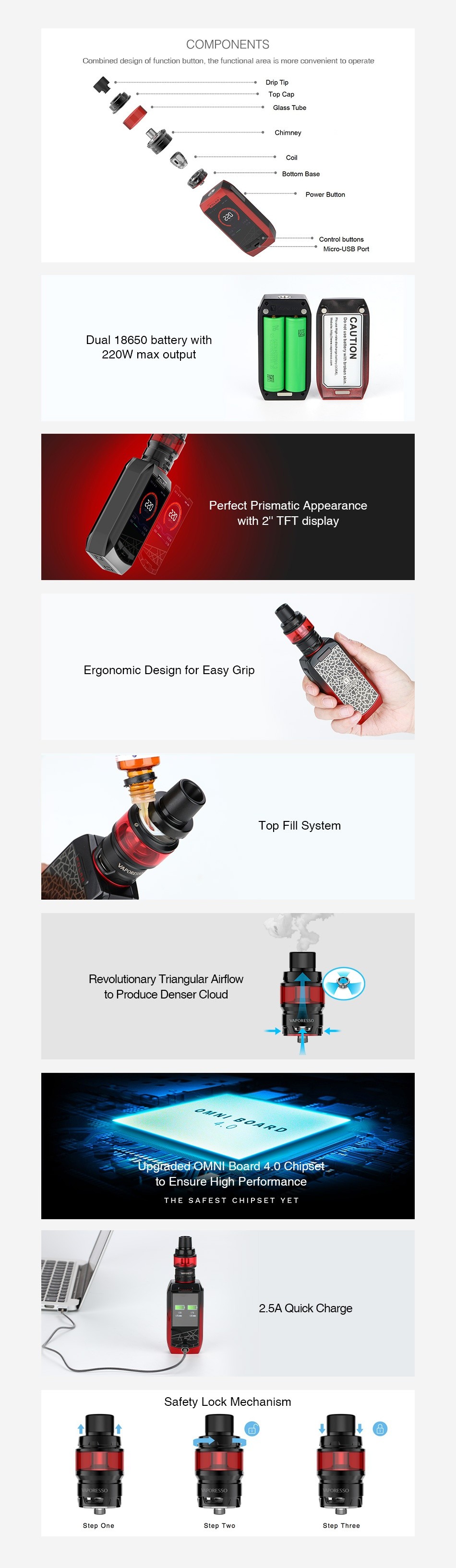 Vaporesso Polar 220W TC Kit with Cascade Baby SE COMPONENTS CombinEr  design nf tiinntinn h  tmmn  the tunrtinnal Dr p Tip Pawar Autk 220W max output 9  Perfect Prismatic Appearance with 2 TFT display Ergonomic Design for Easy Grip Top fill System Revolutionary Triangular Airflow to Produce denser cloud to Ensure High Perfomance THE SAFEST CHIPSET YET Safety Lock Mechanism Step one