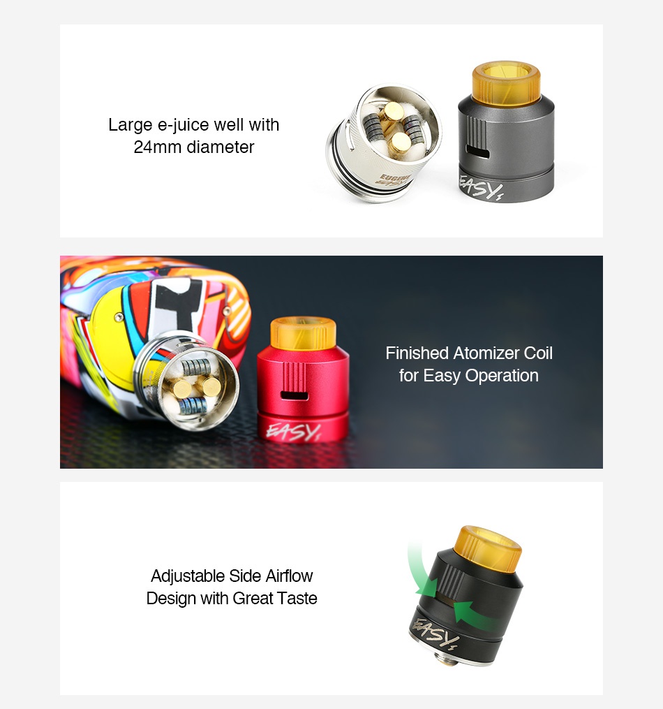 AFK STUDIO EASY ONE EDA RDA Large e juice well with 24mm diameter Finished atomizer coil for Easy Operation 45 Adjustable Side Airflow Design with great Taste