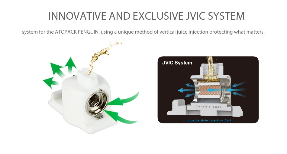 Joyetech Atopack Penguin Unit 2ml/8.8ml INNOVATIVE AND EXCLUSIVE JVIC SYSTEM system for the ATOPACK PENGUIN  using a unique method of vertical juice injection protecting what matters JVIC System