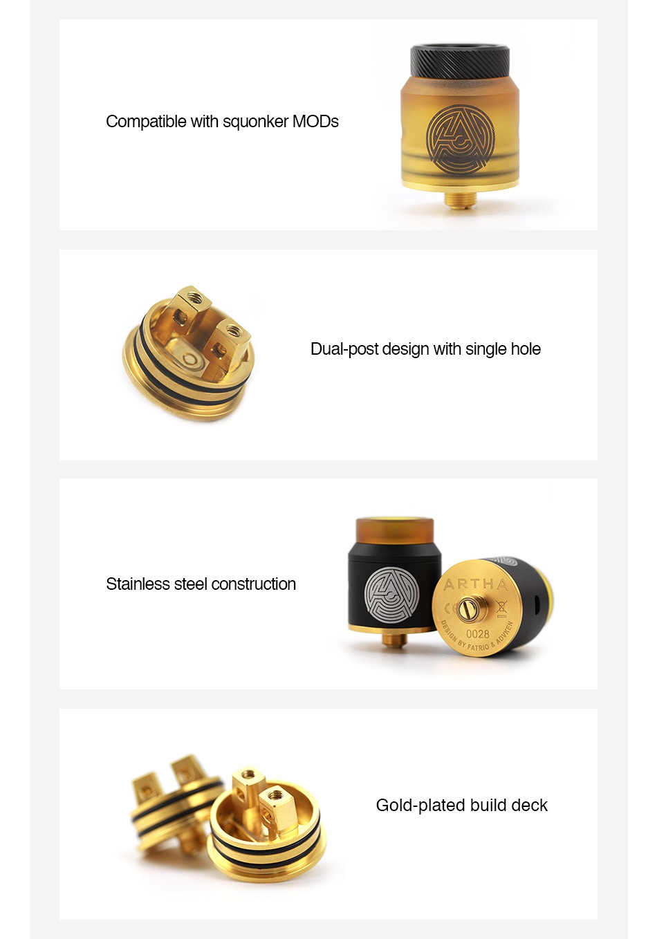 Advken Artha RDA Compatible with squonker MOds Dual post design with single hole Stainless steel construction ARTH  x 0028 Gold plated build deck