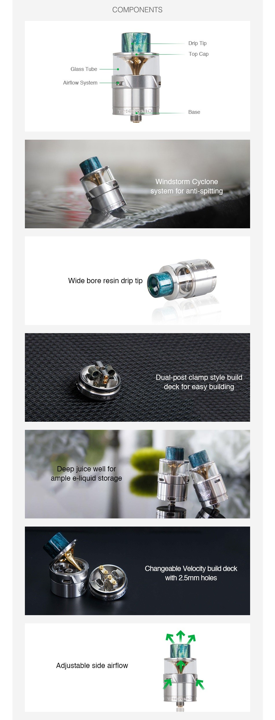 Innokin Thermo RDA COMPONENTS rip I p w Sysle  Base Windstorm Cyclone system for antl spItting Wide bore resin drip tip Dual post clamp style build deck for easy building Deep juice well for ample e liquid storage Changeable Velocity buld deck with 2  5mm holes R  Adjustable side airflow