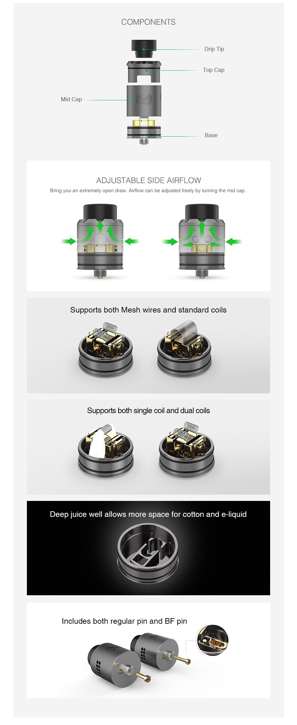 Digiflavor Mesh Pro RDA COMPONENTS Mid Cap ADJUSTABLE SIDE AIRFLOW ring you an extremely opan draw  Airflow can be adjusted freely by tuning the mid cap Supports both Mesh wires and standard coils Supports both single coil and dual coils Deep juice well allows more space for cotton and e liquid Includes both regular pin and BF pin