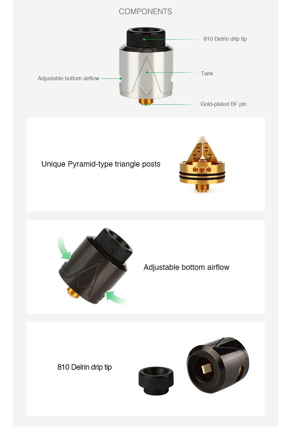 SMOKJOY Pyramid BF RDA COMPONENTS 810 Delrin drip tip Adjustable bottom airflow Gold plated BF pir Unique Pyramid type triangle posts Adjustable bottom airflow 810 Delrin drip tip