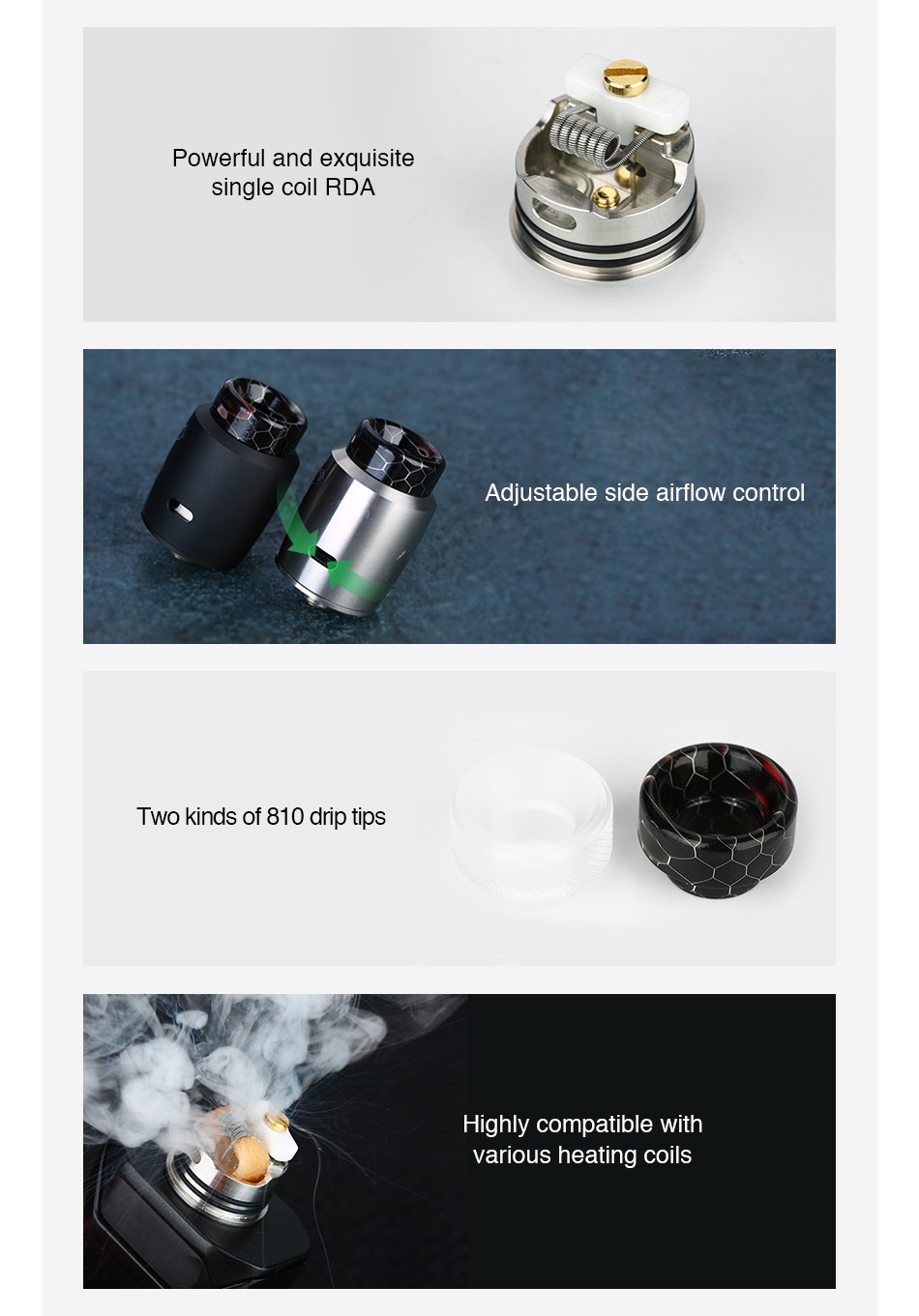 Blitz Ghoul BF RDA Powerful and exquisite single coil RDA Adjustable side airflow control Two kinds of 810 drip tips Highly compatible with various heating coils