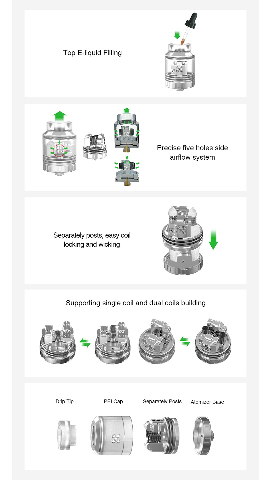 OUMIER VLS RDA Top E liquid Filling Precise five holes side airflow system   Separately posts  easy coil locking and wicking Supporting single coil and dual coils building Drip T ip El Cap Separately Posts Atomizer Base