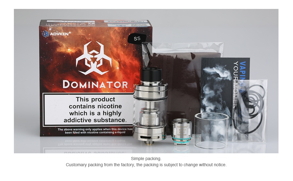 Advken Dominator Subohm Tank 4.5ml ADVKEN DOMINATOR This product contains nicotine hich is a highly addictive substance he above warning only applies Simple packing