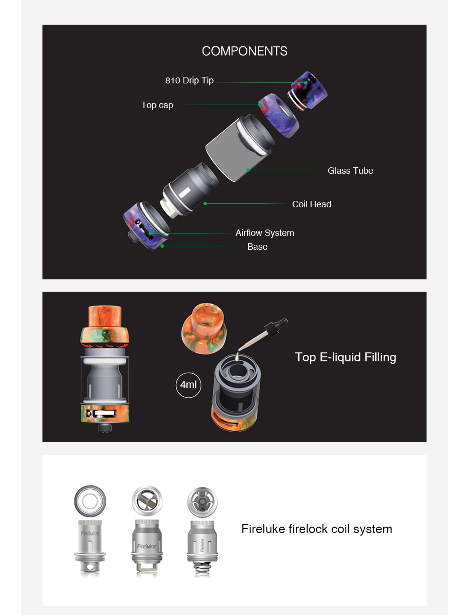 Freemax Fireluke Pro Subohm Tank 4ml COMPONENTS 0 Drip Ti Top cap Glass Tube Airflow Systen Base Top E liquid Filling     Fireluke firelock coil system